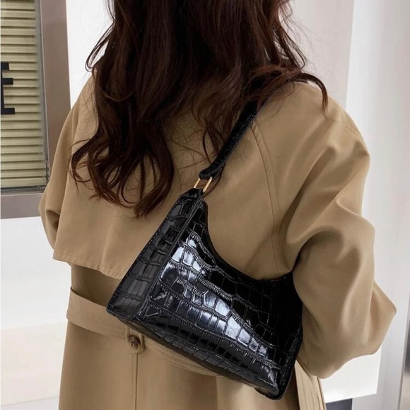 Handbags - Chic Black Crocodile Leather Everyday Shoulder Bag, great condition.